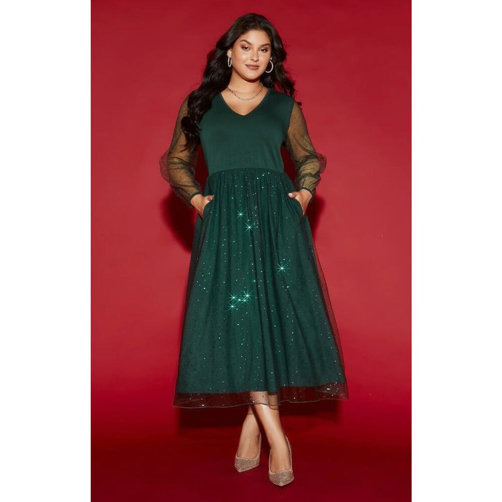 Plus Size 3X 22 24 Green BloomChic Glitter Mesh Shimmer Midi Dress with Pockets